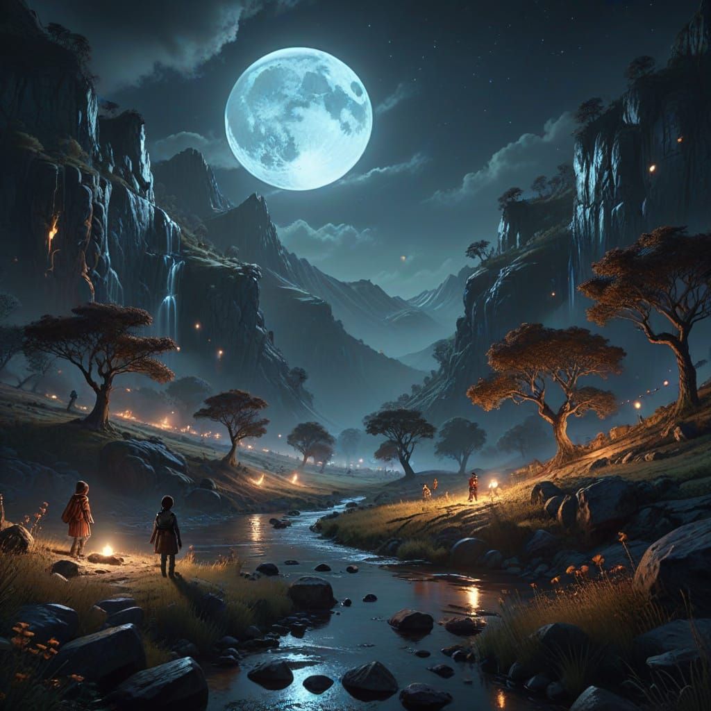 Children Playing in a Luminous Valley Under a Full Moon