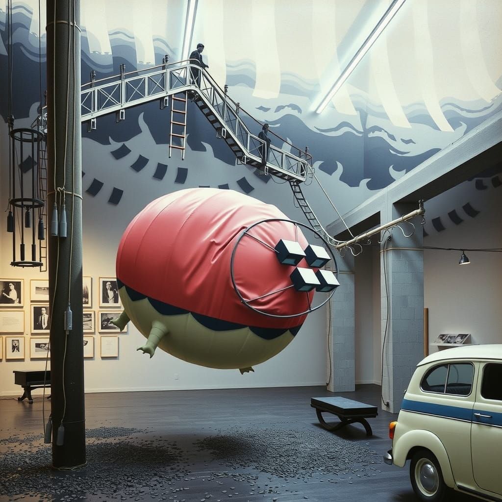 Art Gallery Scene with Vinyl Figures in Linocut Style