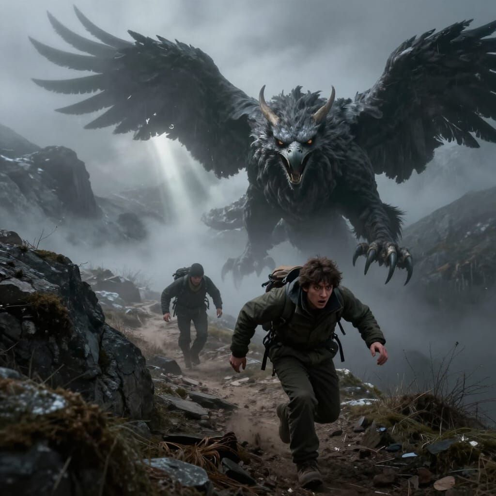 Griffin Attacks Hiker in Cold Mountain Mist