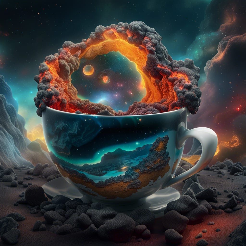 Surreal Nebula Dreamscape with Teacup in Art Nouveau Style