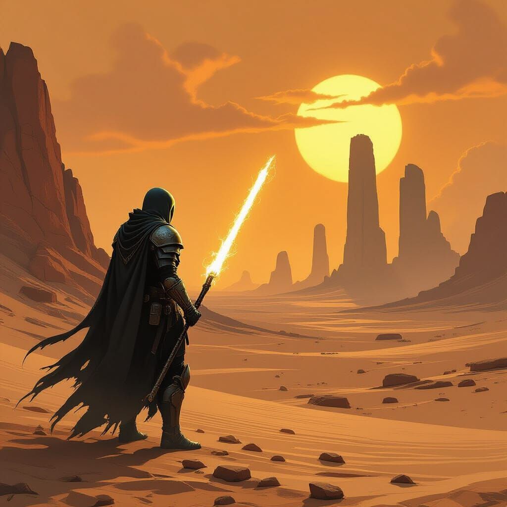 Alien Desert Wanderer at Binary Sunset