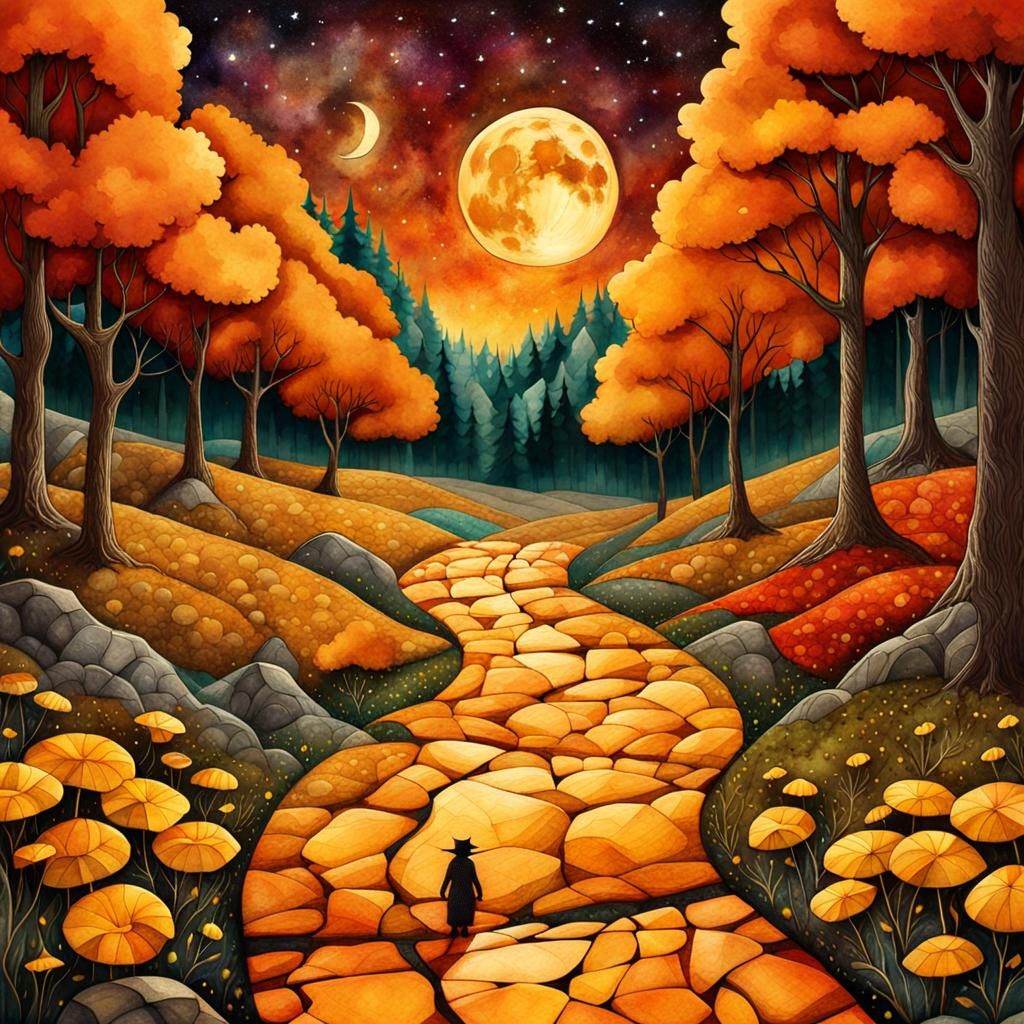 Mythological Moonlit Scene in Vintage Storybook Style