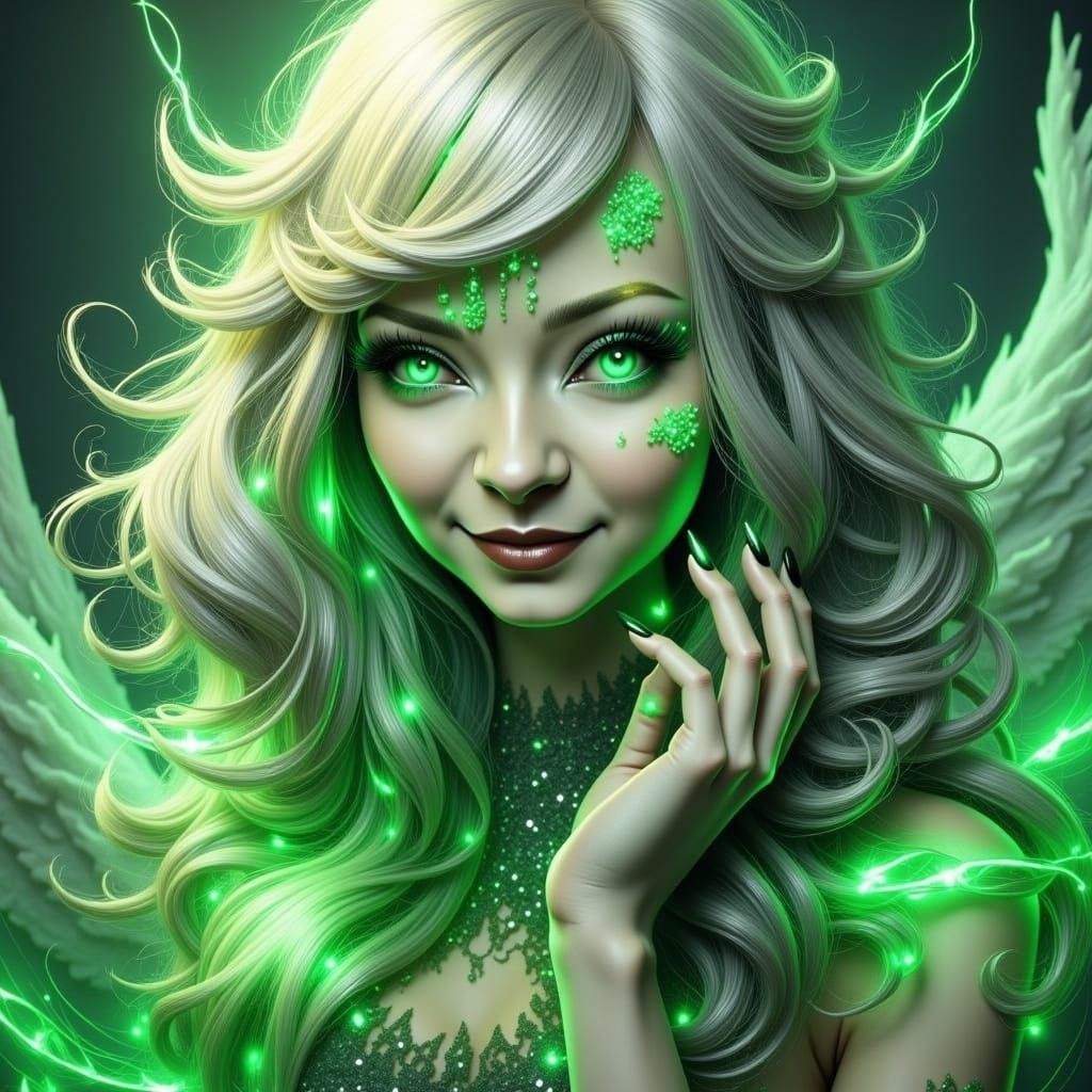 Metallic-Eyed Figure with Green Hues in Electric Lighting