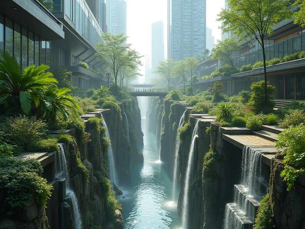 Futuristic Rooftop Garden Waterfall in Organic Style