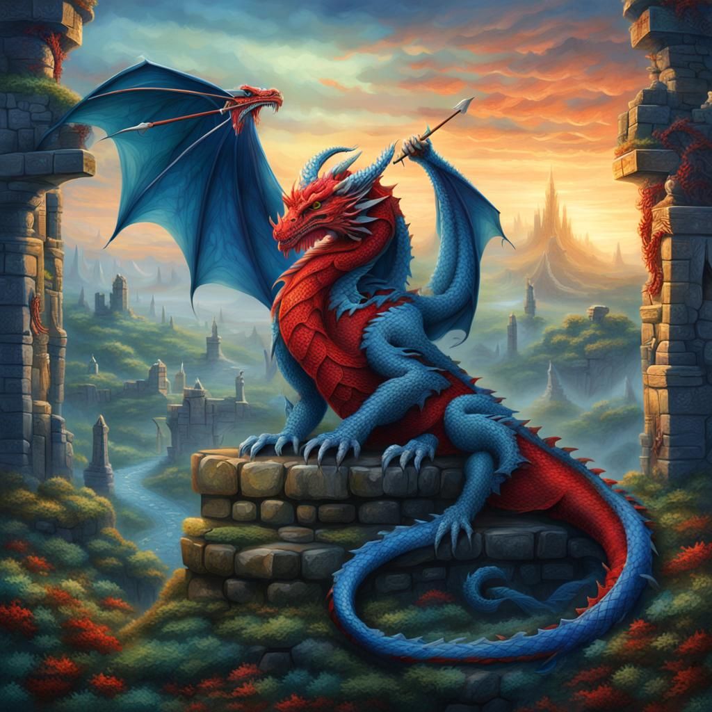 Red Dragon Knitting Celtic Scarf: Digital Painting