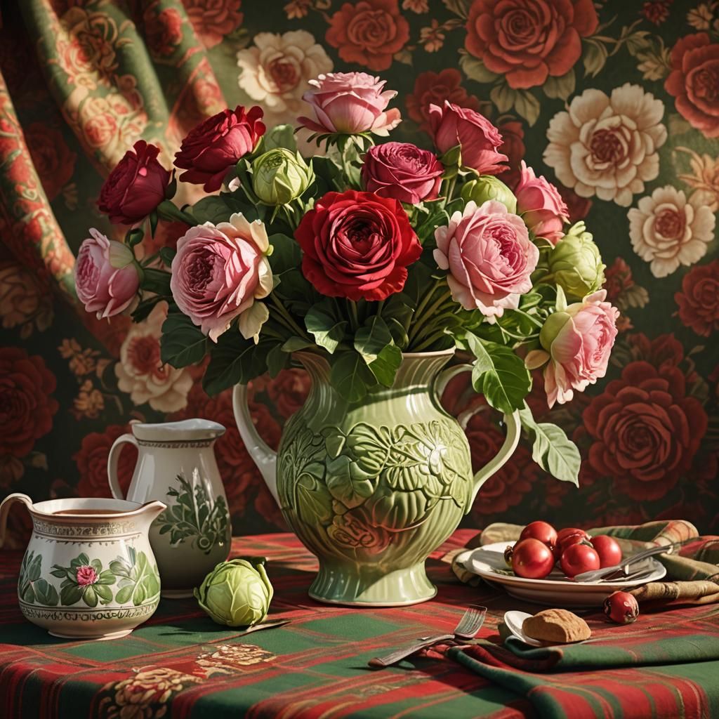 Cabbage Roses Still Life in Digital Painting Style