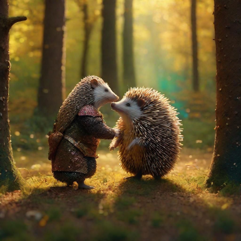 Hedgehog vs Rabbit in Pointillistic Forest Battle