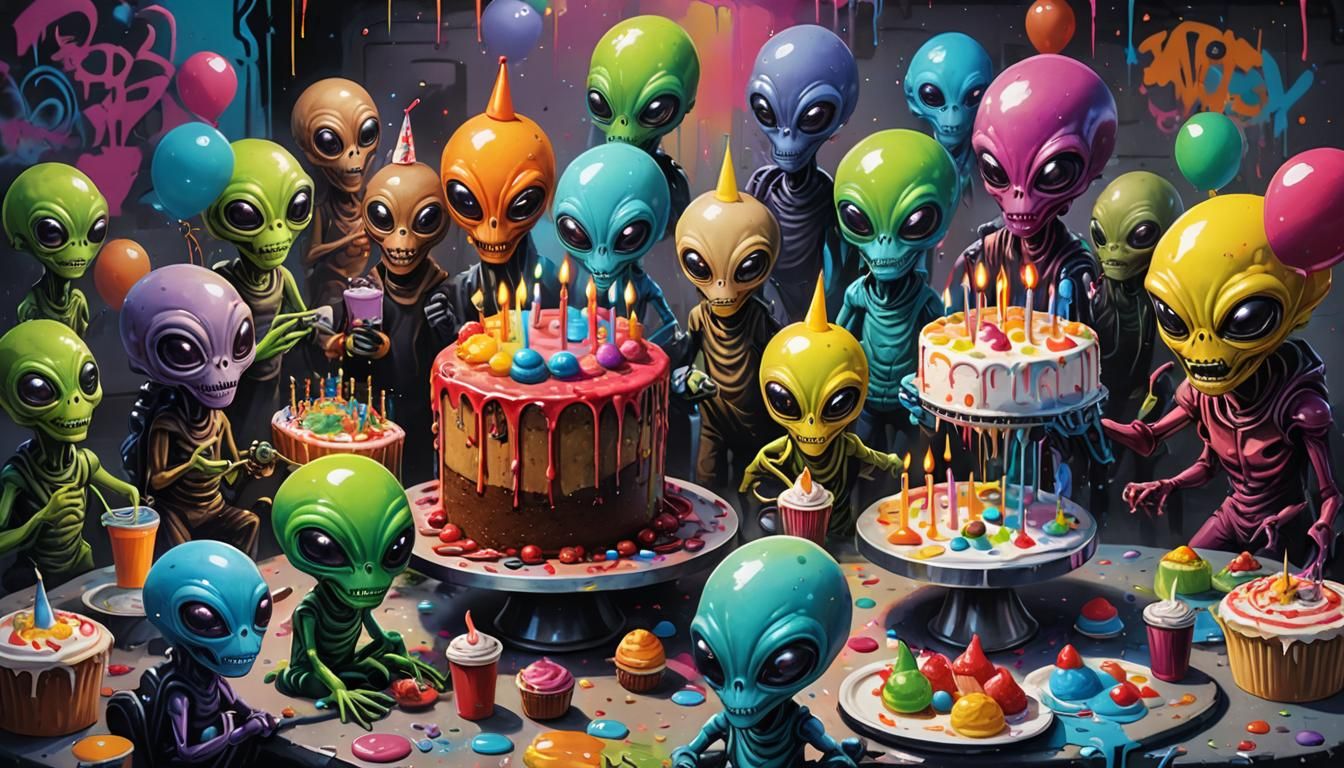 Cartoon Alien Birthday Party in Graffiti Style