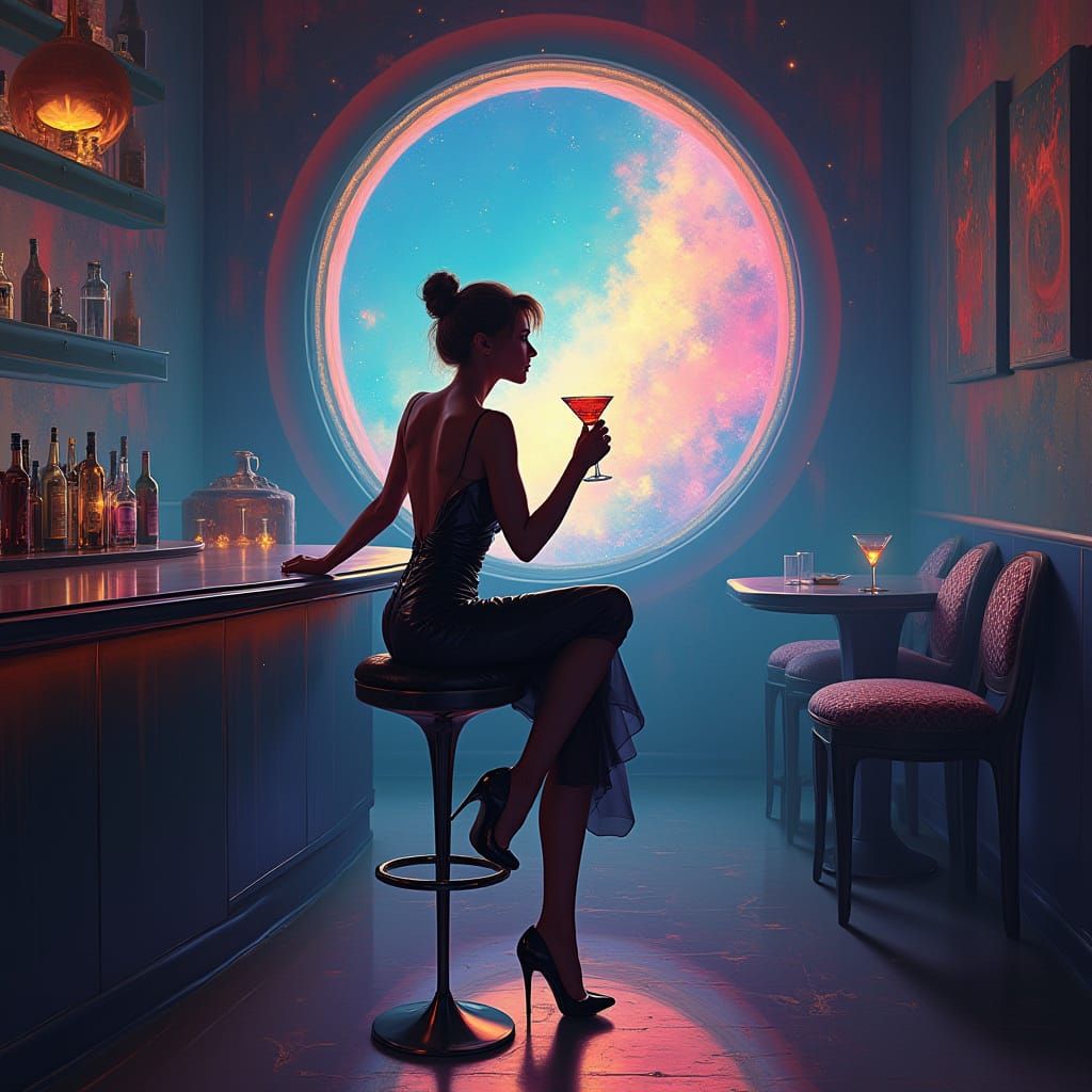 Futuristic Socialite Sipping Martini in Digital Art Style