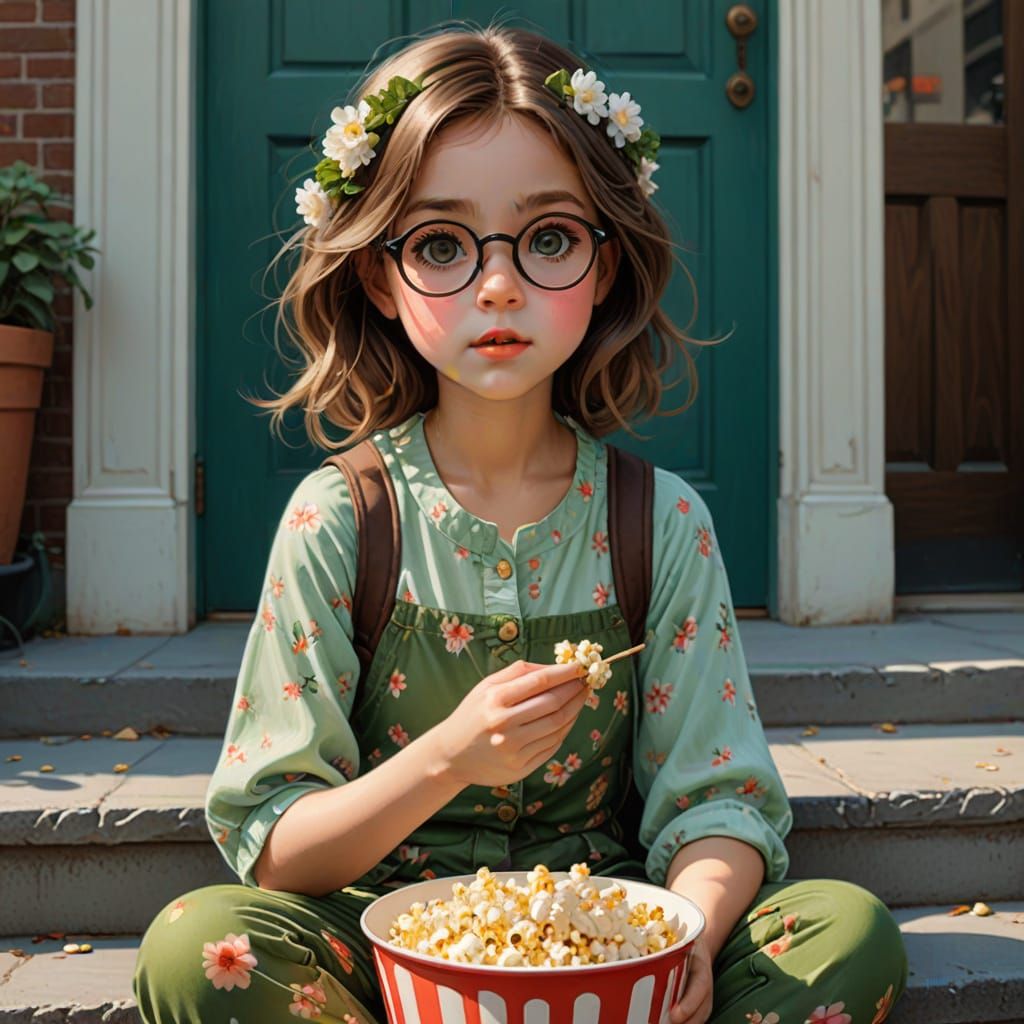 Adorable Woman Enjoys Popcorn Amidst Street Protest