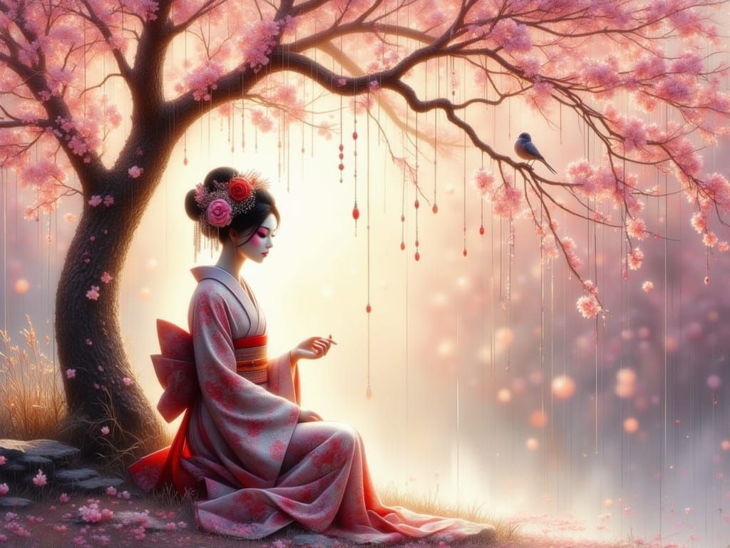 Serene Geisha Meditating under Cherry Blossoms in Traditiona...
