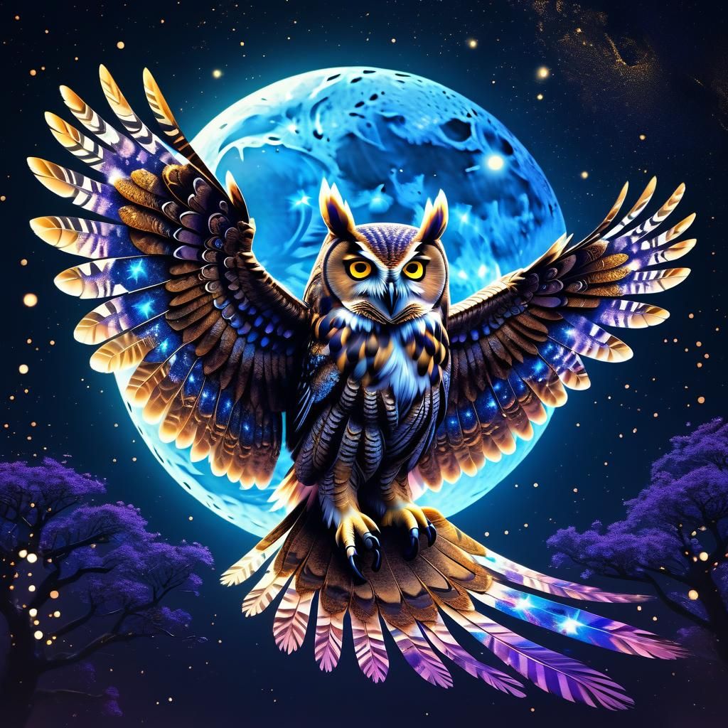 Celestial Owl with Starry Wings, Digital Art
