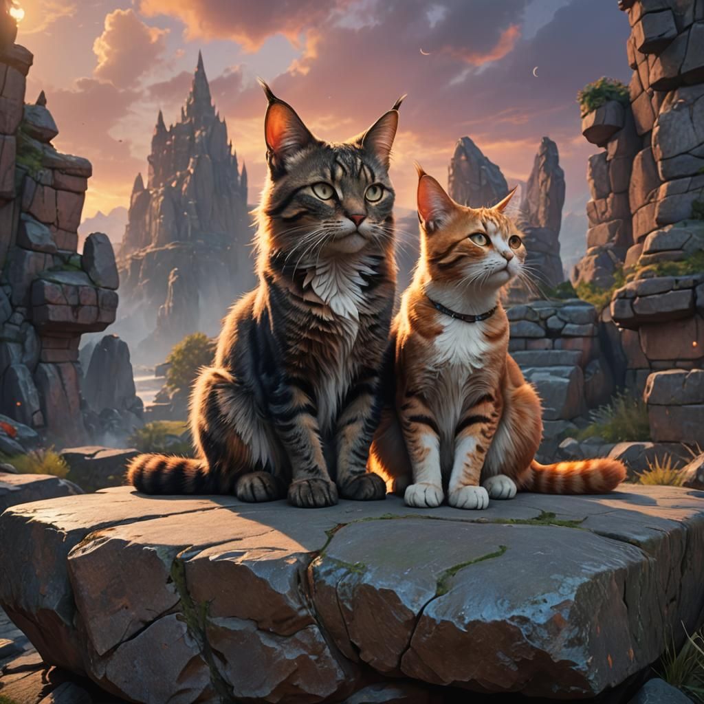 Fantasy Cat-Eared Girls on Stone, Detailed Matte Painting