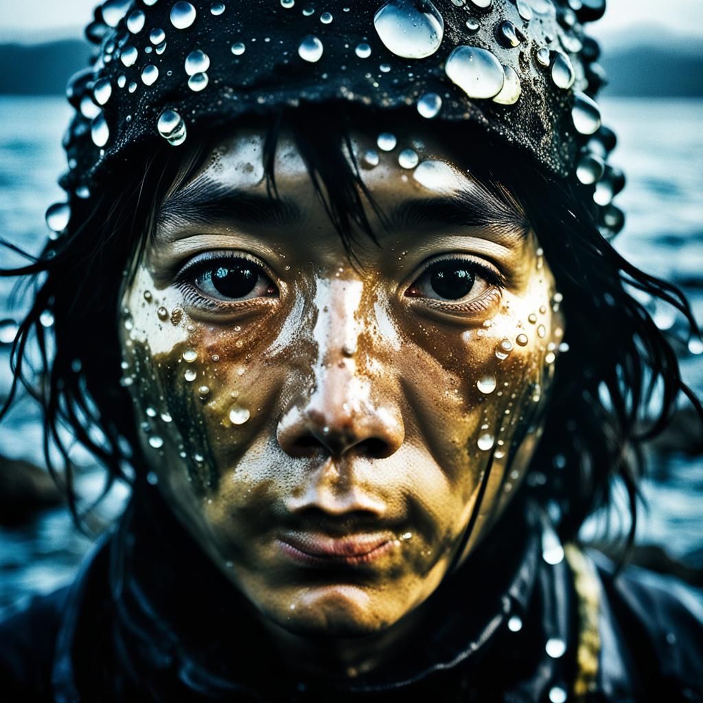 Grungy Portrait of Japanese Pearl Diver by the Sea