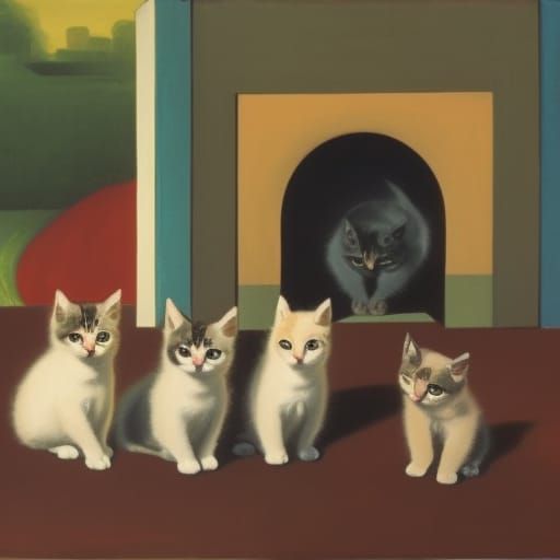 Mother Cat Teaches Kittens: Gouache Splash Art