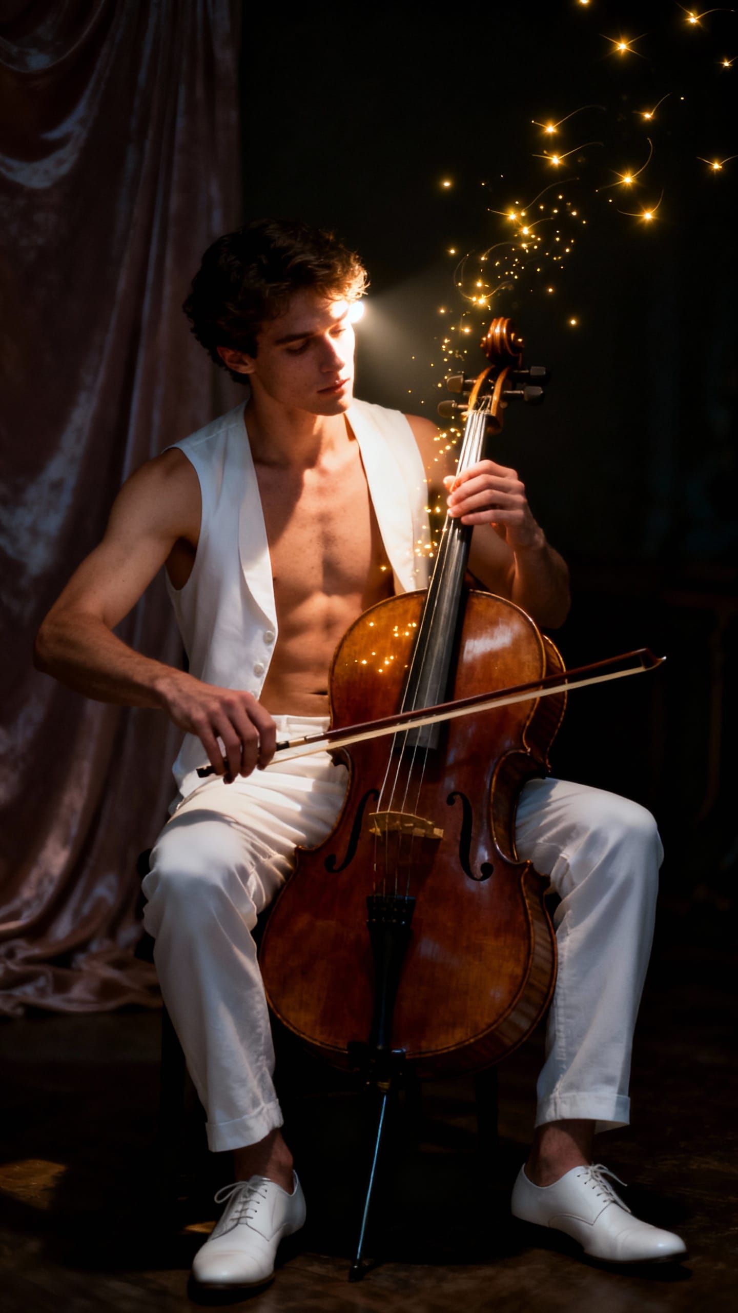 Cellist Immersed in Music, Swirling Golden Lights