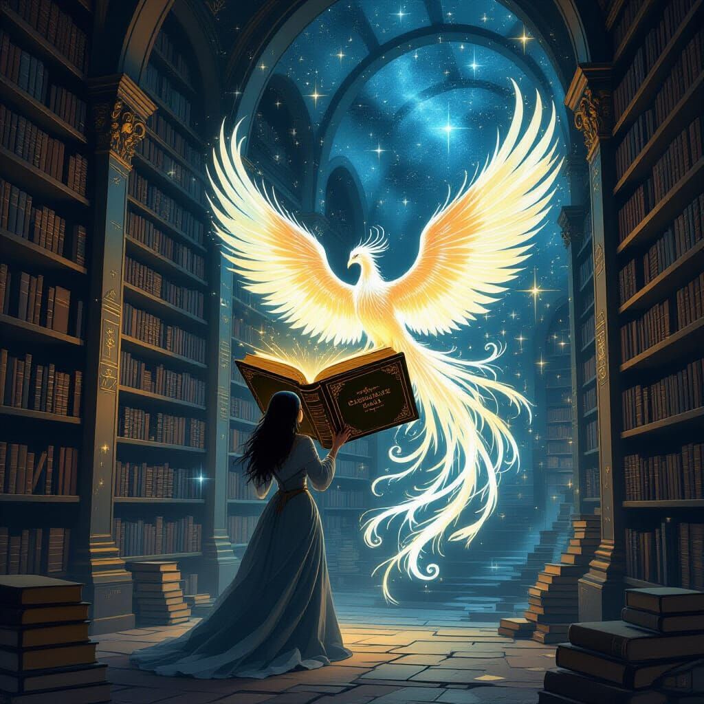 Cosmic Library with Spectral Phoenix and Constellation Books