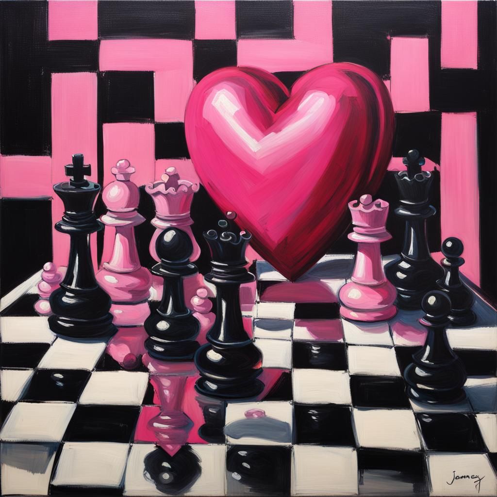 Heart Chess Still Life in Oil Painting Style