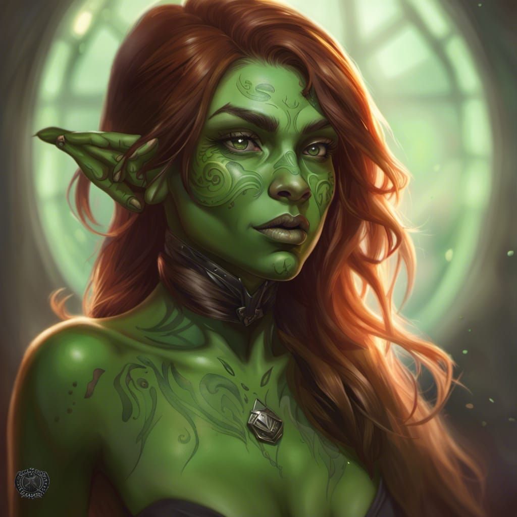 Green Goblin Girl Portrait in Art Nouveau Style