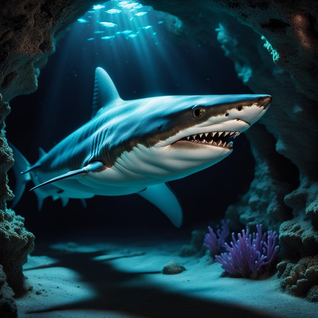 Underwater Shark in Bioluminescent Cave: Hyper-Realistic Art