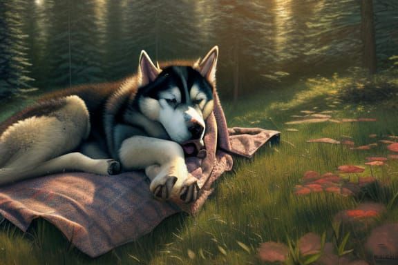 Husky Puppy Sleeping: Detailed Digital Art Portrait