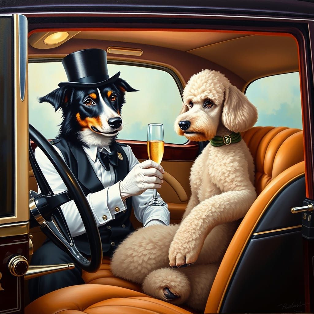 Elegant Canine Chauffeur and Poodle Passenger in Vintage Lux...