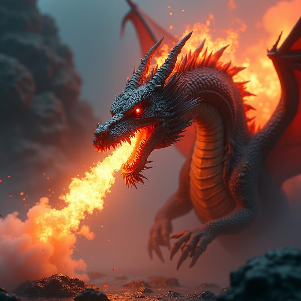 Vibrant Dragon Spewing Fire: Fantasy Concept Art