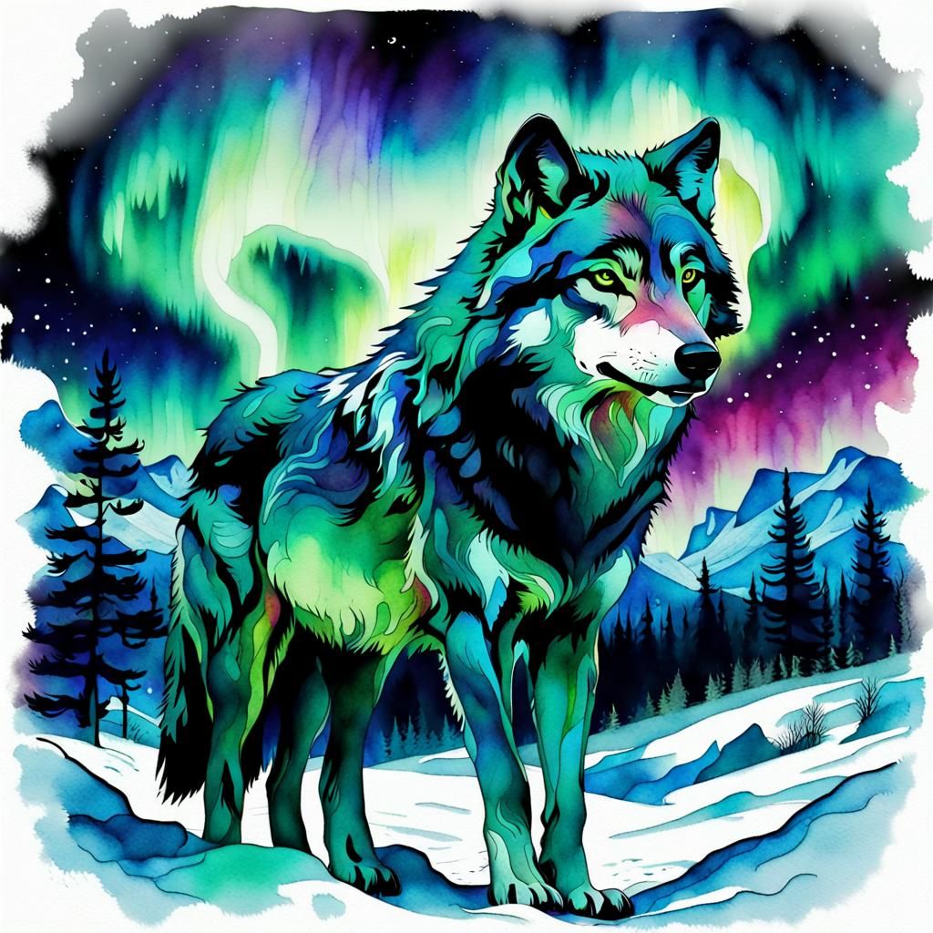 Wolf and Northern Lights Double Exposure Splash Art