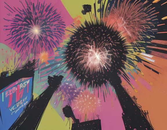 16k resolution, art by Andy Warhol, Jackson Pollock, vibrant New Year's Eve party, iconic Times Square ball drop, bold p...