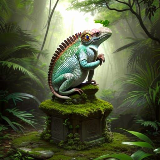 Hyperrealistic Chameleon with Ancient Runes in Jungle Temple