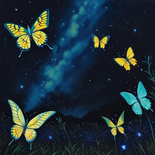 Glowing Butterflies Under a Starry Sky, Gouache Painting