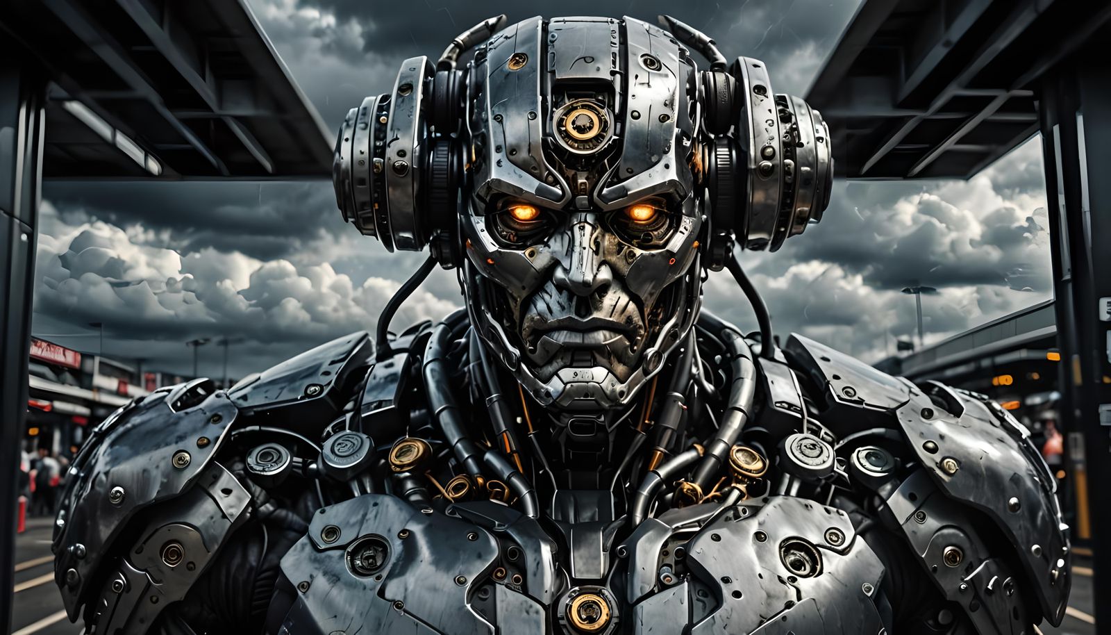 Hyperrealistic Cyborg Guarding a Time Transportation Gate