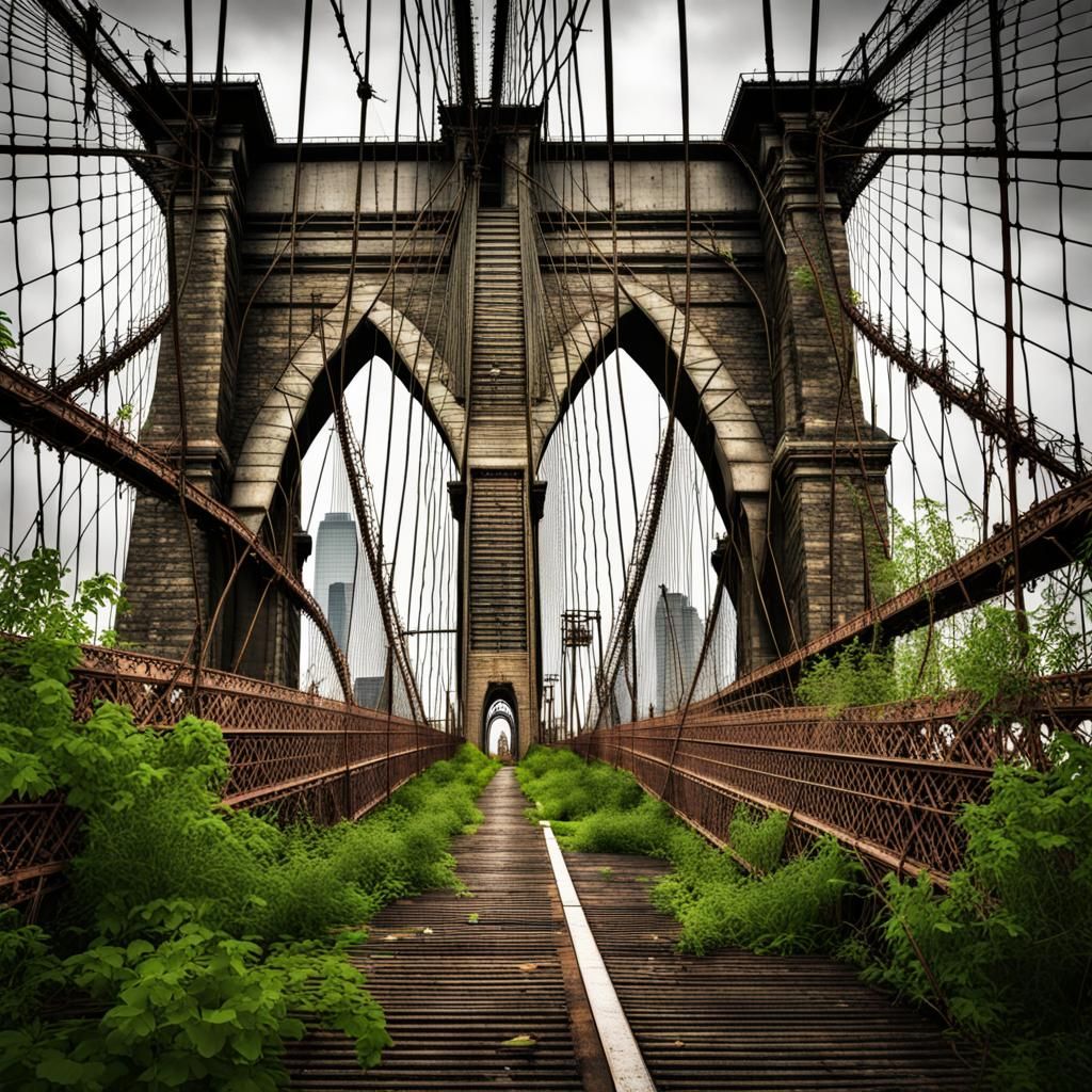 Overgrown Brooklyn Bridge: Hyperrealistic Ruin
