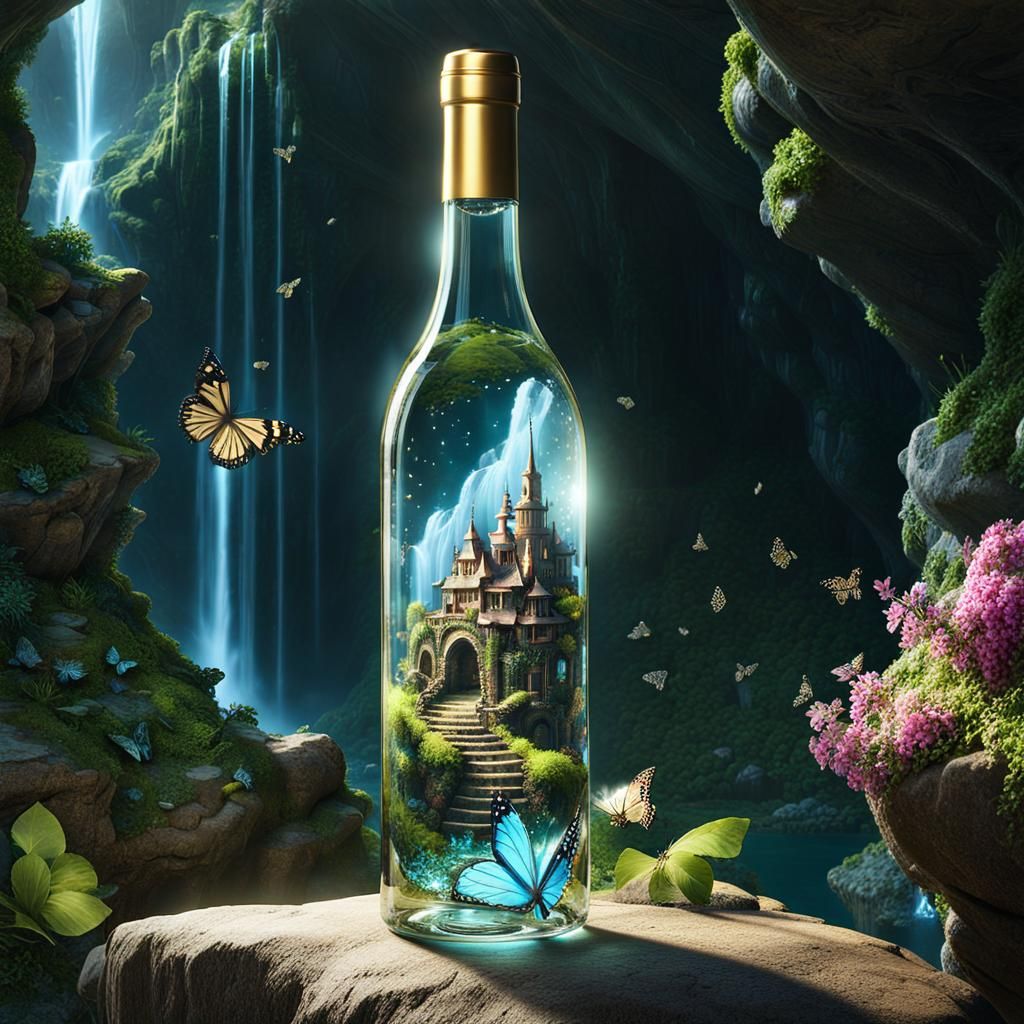 Surreal Landscape Inside Crystal Wine Bottle