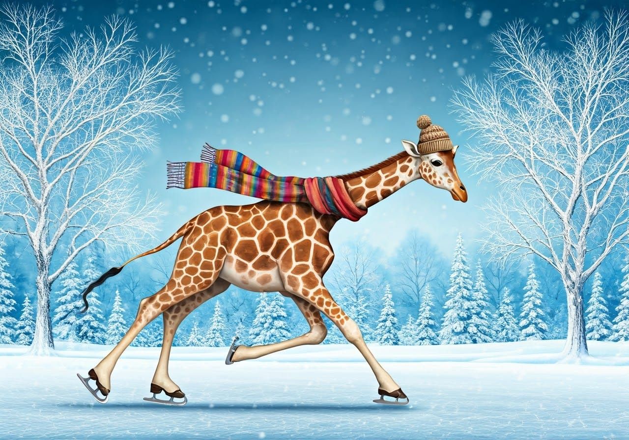 Elegant Giraffe Ice Skates with Vibrant Scarf and Knitted Ha...