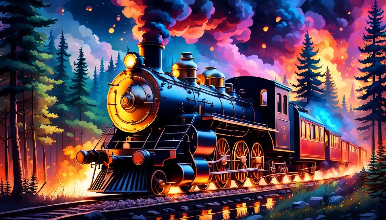 Magical Steam Train in Forest Fire at Night