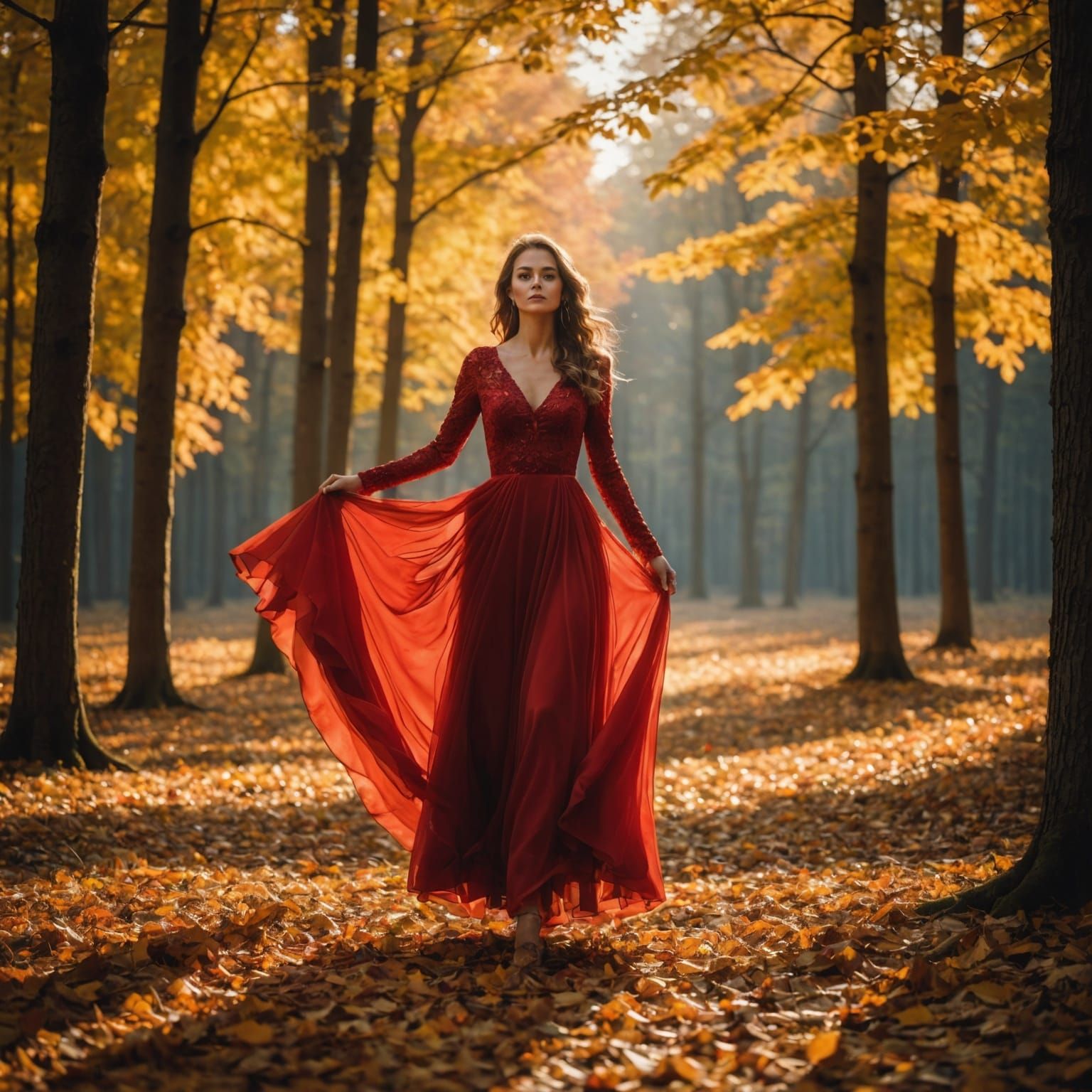 Woman in Red Dress Amidst Autumn Sunlight