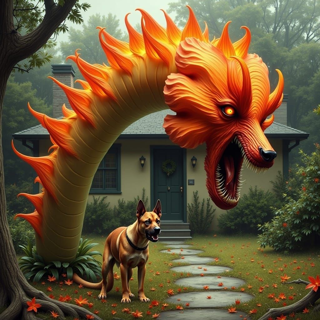 Giant Snapdragon Attacks Dog in Surreal Garden