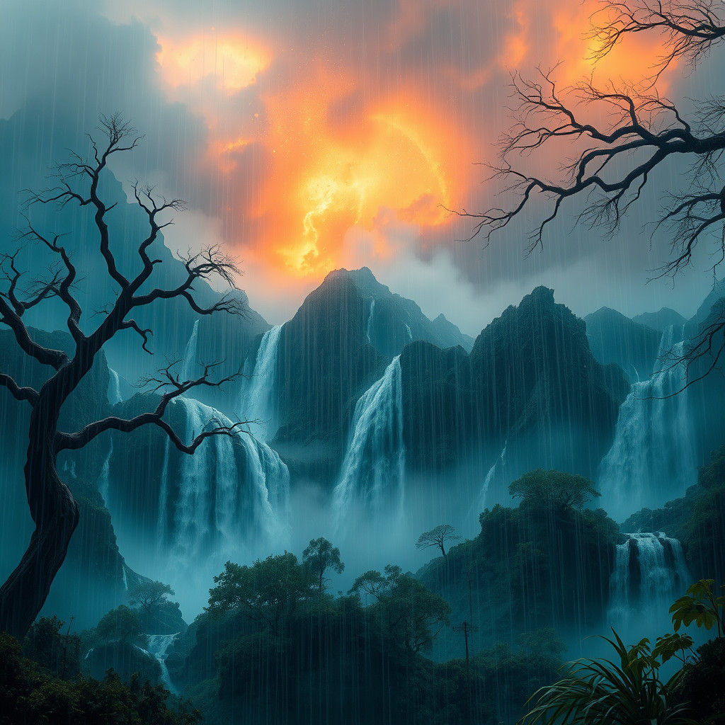 Mystical Rainstorm Cascades in Dreamlike Fantasy Art
