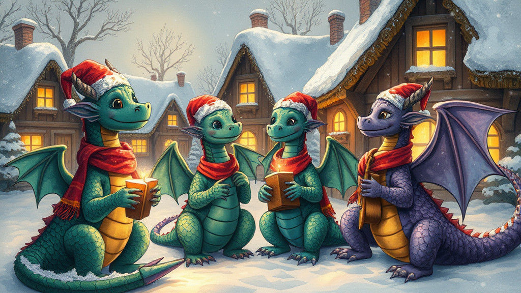 Whimsical Dragons Caroling in Snowy Village