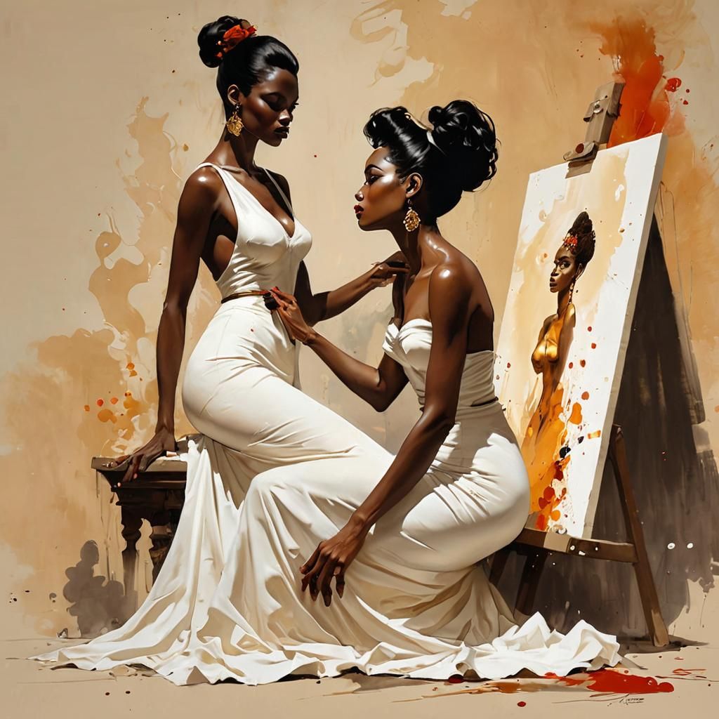 A woman in a white evening dress paints a black woman on a (...