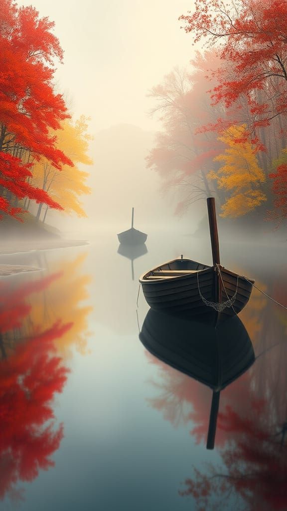 Misty Riverbend Painting with Fiery Trees and Reflections