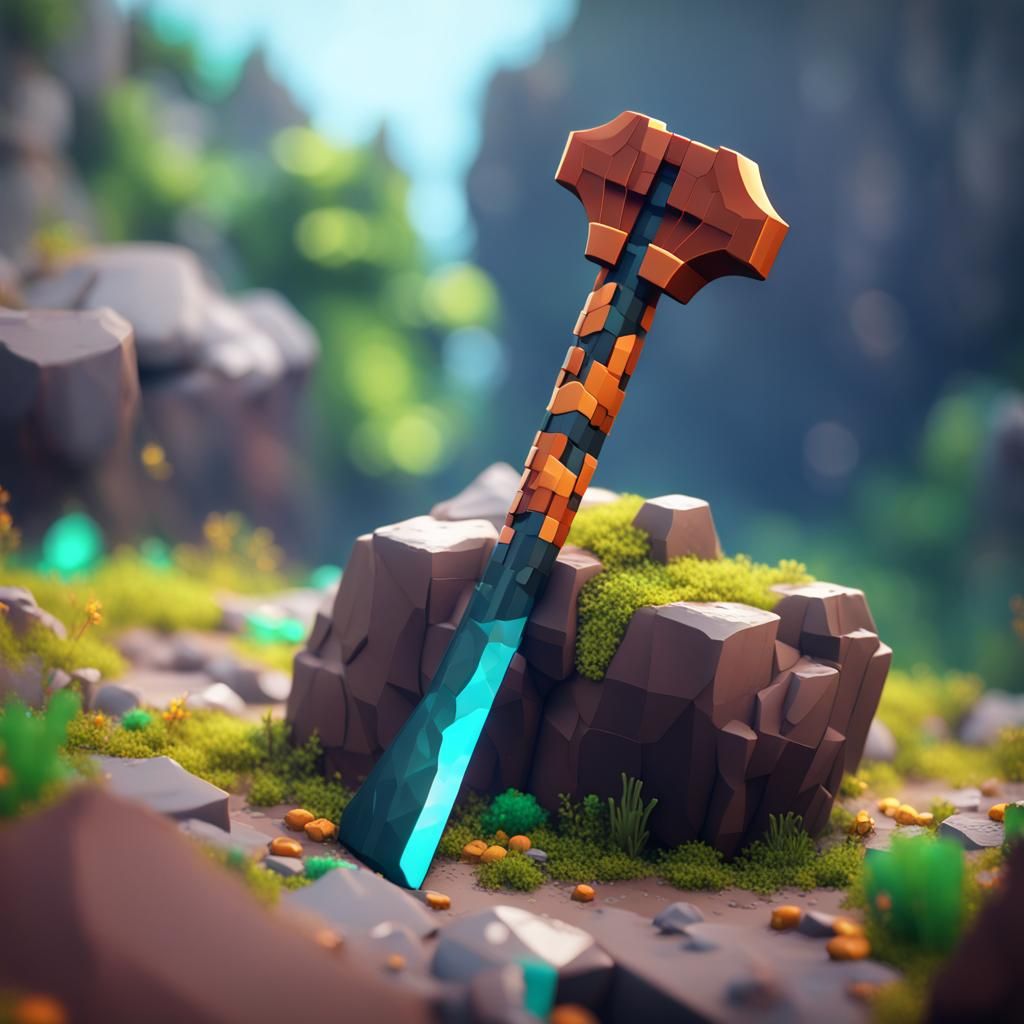Voxel Pickaxe Piercing Rock: Detailed Digital Art