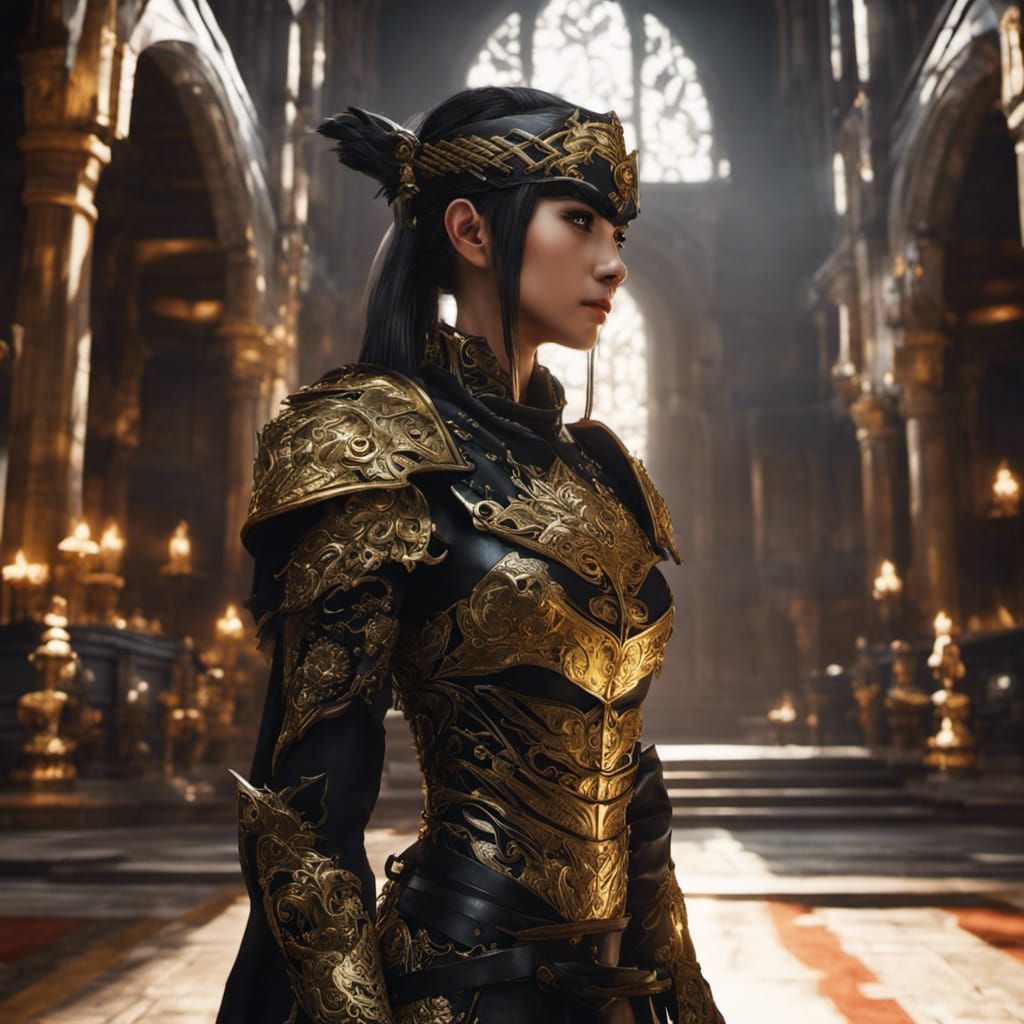 Anime Ninja Princess in Chapel, Hyperrealistic Art