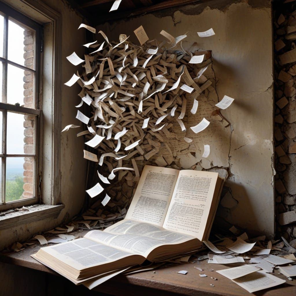 Surreal Scene: Words Holding Figure Aloft