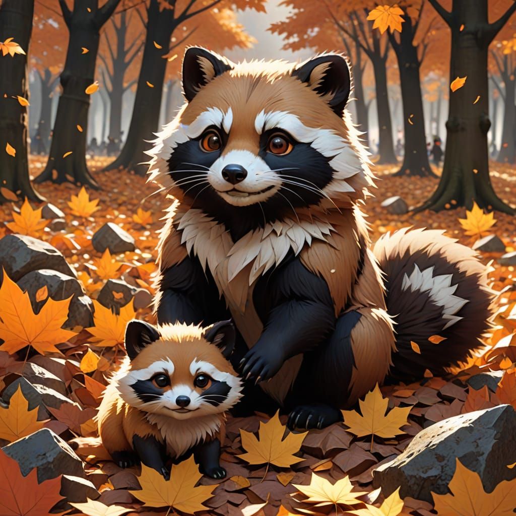Tanuki and Kitsune Play in Autumn Leaves