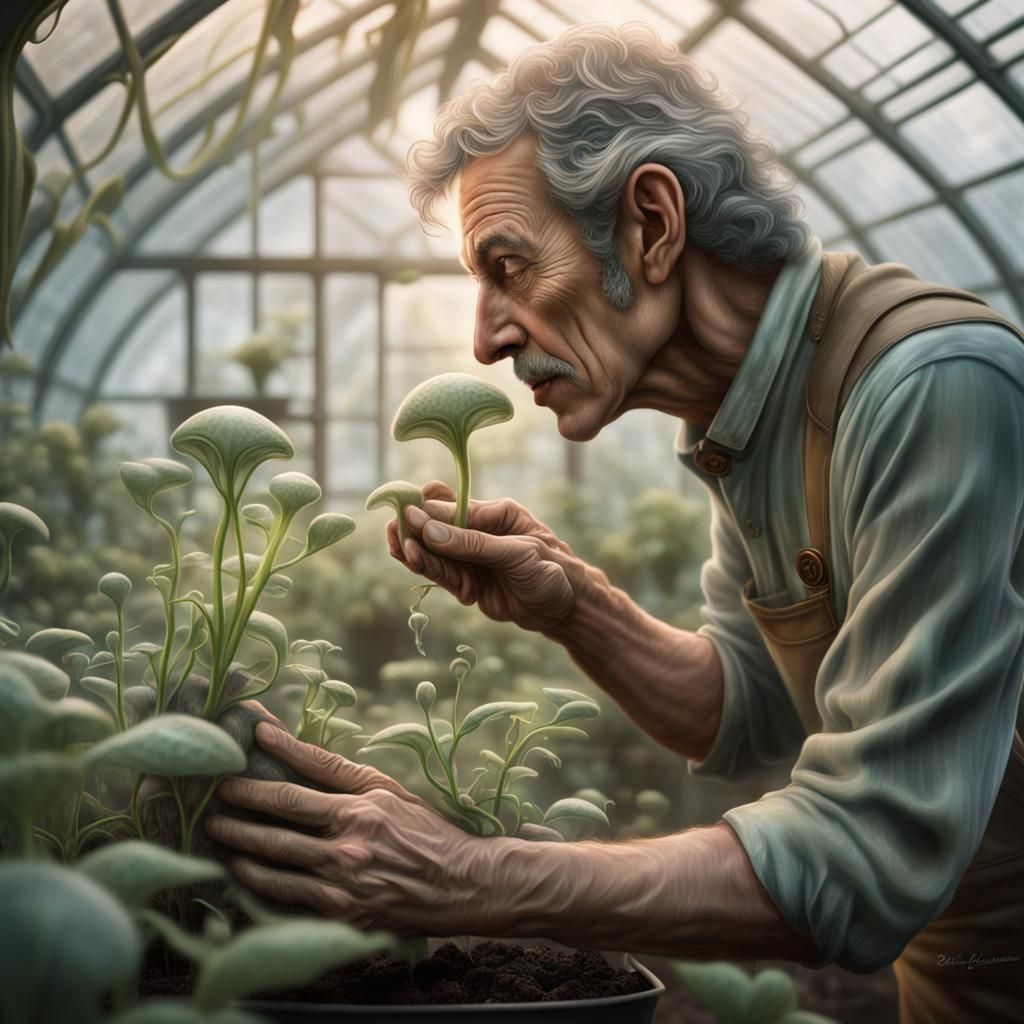 Gardener Kisses Alien Seedling in Fantasy Greenhouse