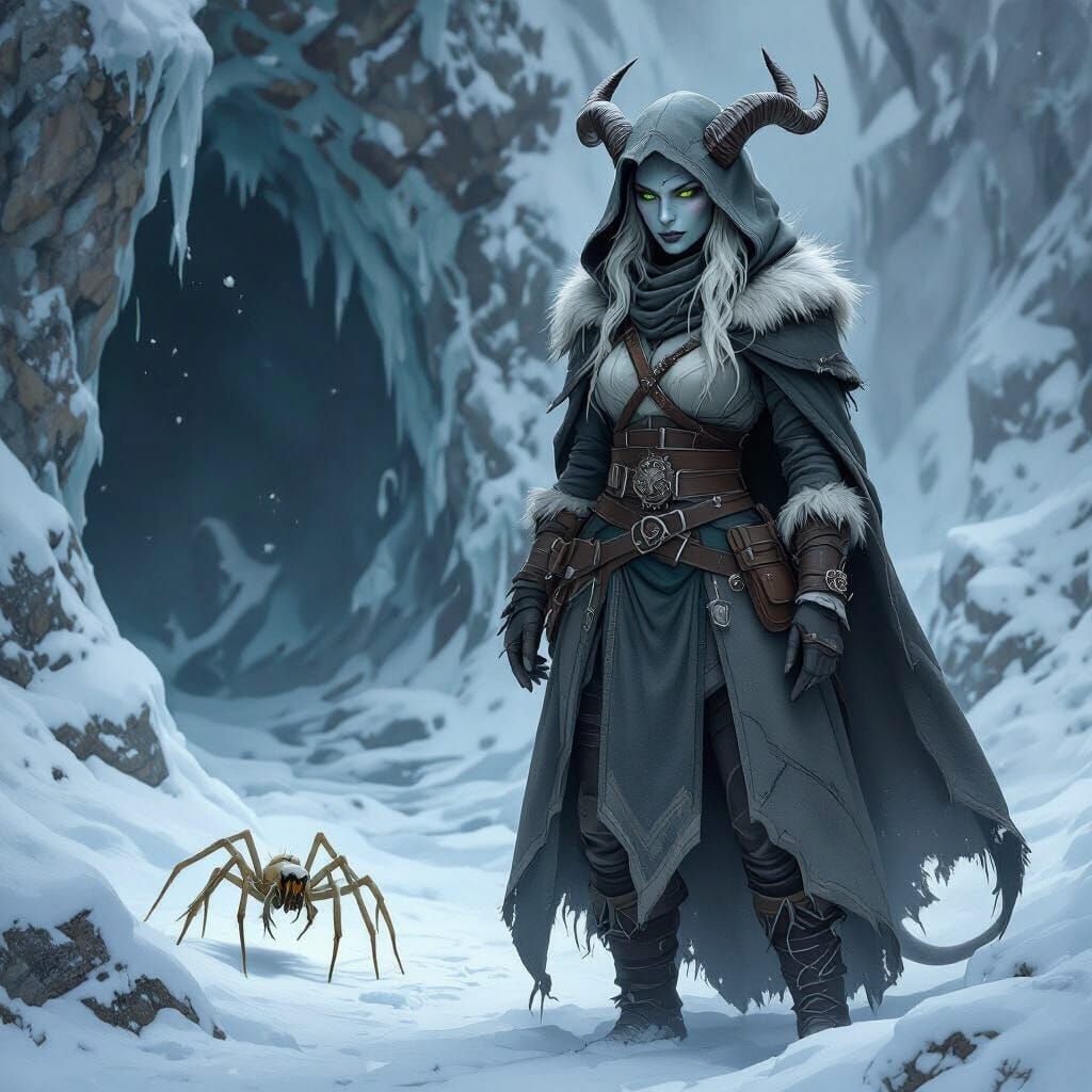 Tiefling Warlock in Frozen North, Realistic Dark Fantasy Sty...