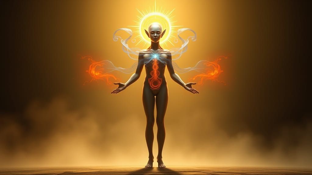 Enlightened Human Form Radiates Golden Light and Vital Energ...