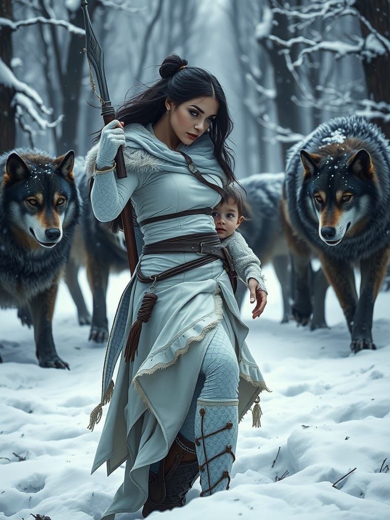 Warrior Woman Defending Child in Winter Forest